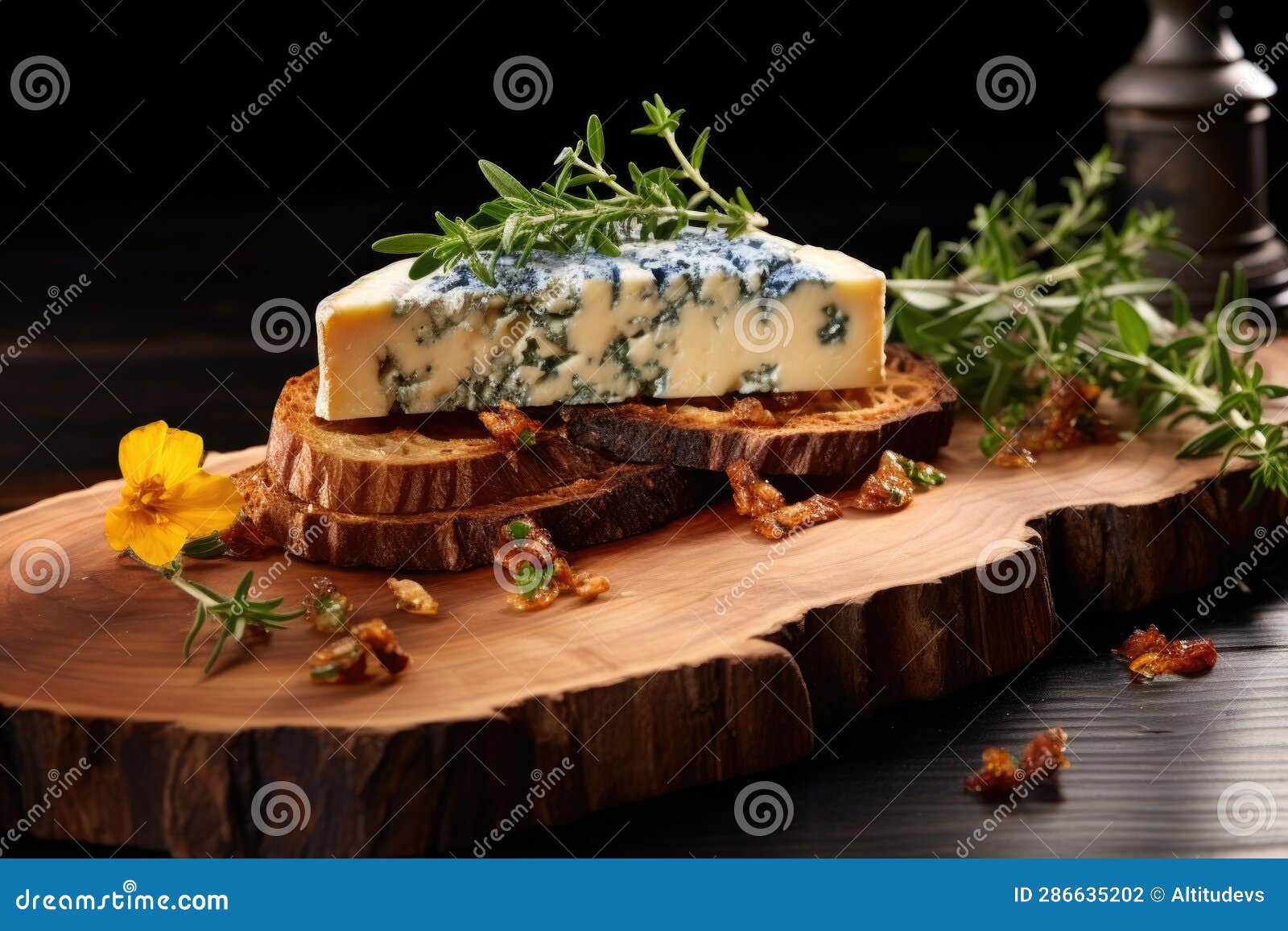 Grilled Blue Cheese on Cedar Plank with Garnish Stock Photo Image of