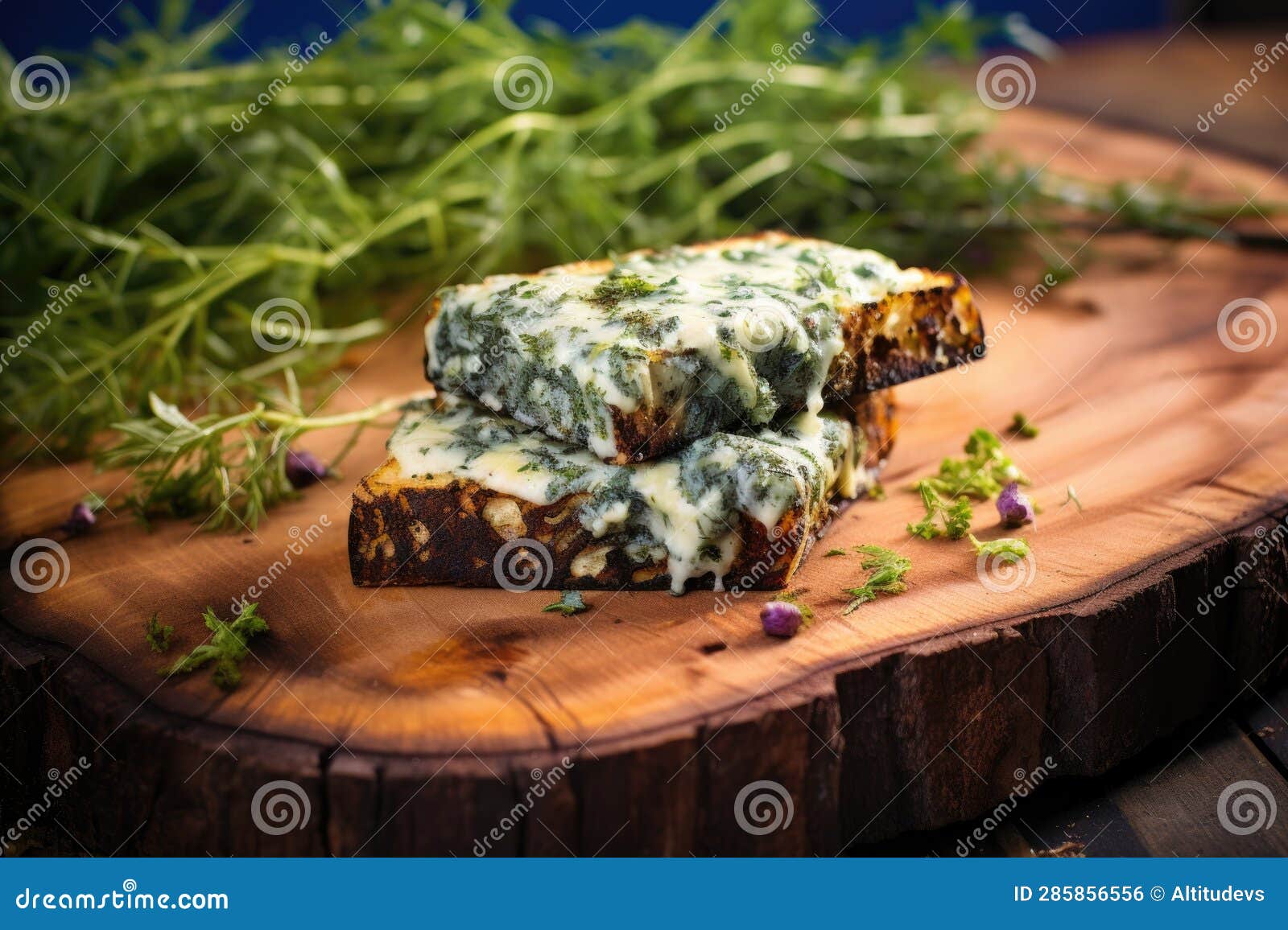 Grilled Blue Cheese on Cedar Plank with Herbs and Spices Stock Photo