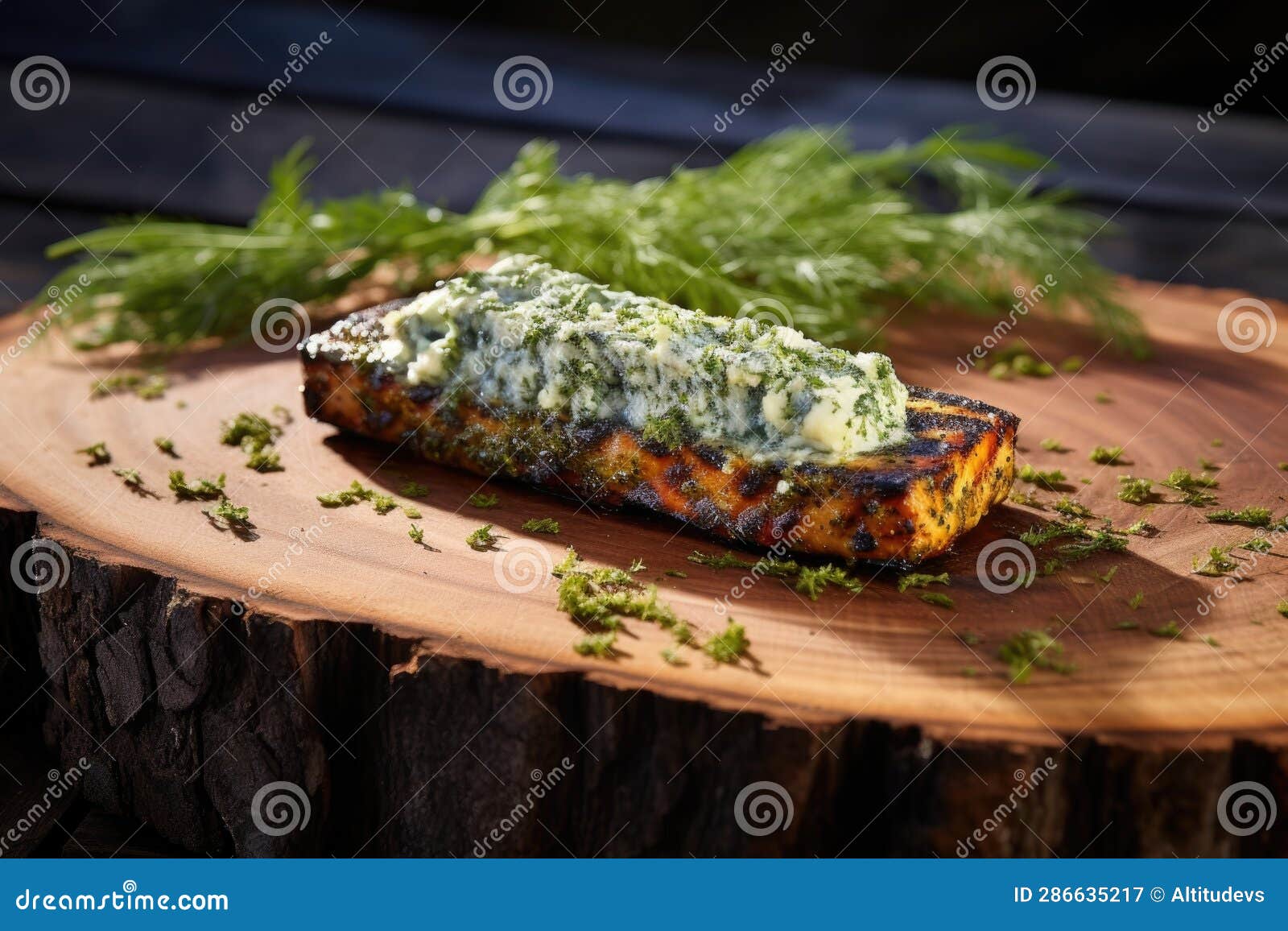 Grilled Blue Cheese on Cedar Plank with Herbs and Spices Stock Image