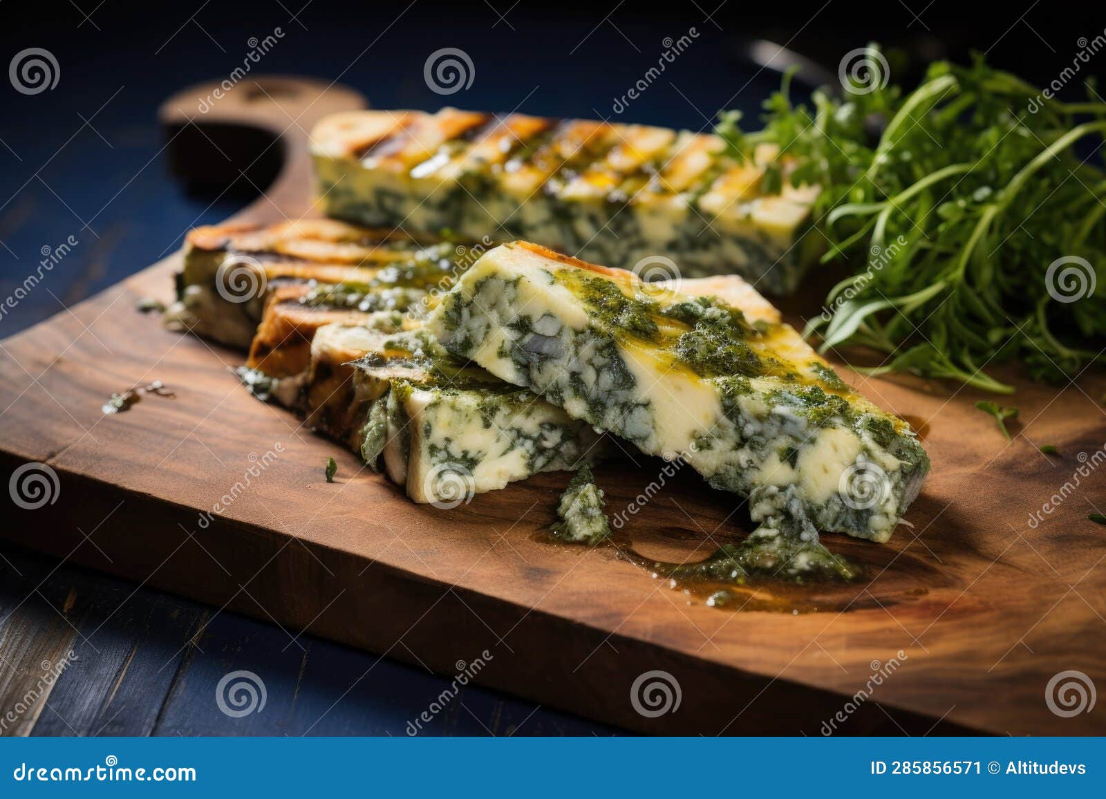 Grilled Blue Cheese with Herbs on Plank Stock Image Image of rustic