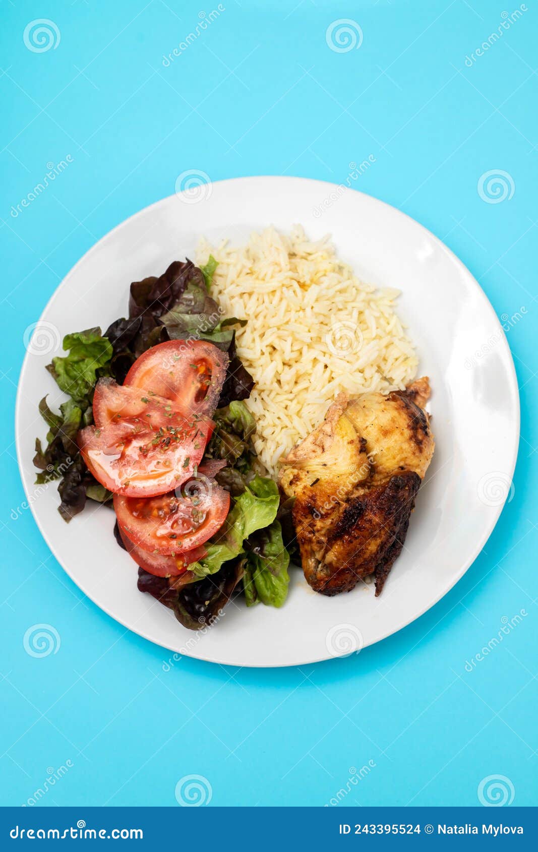 Grilled Chicken with Boiled Rice and Fresh Salad Stock Photo Image of