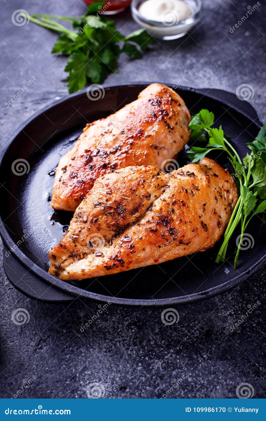 Grilled Chicken Breast Or Fillet On Iron Pan Stock Photo ...