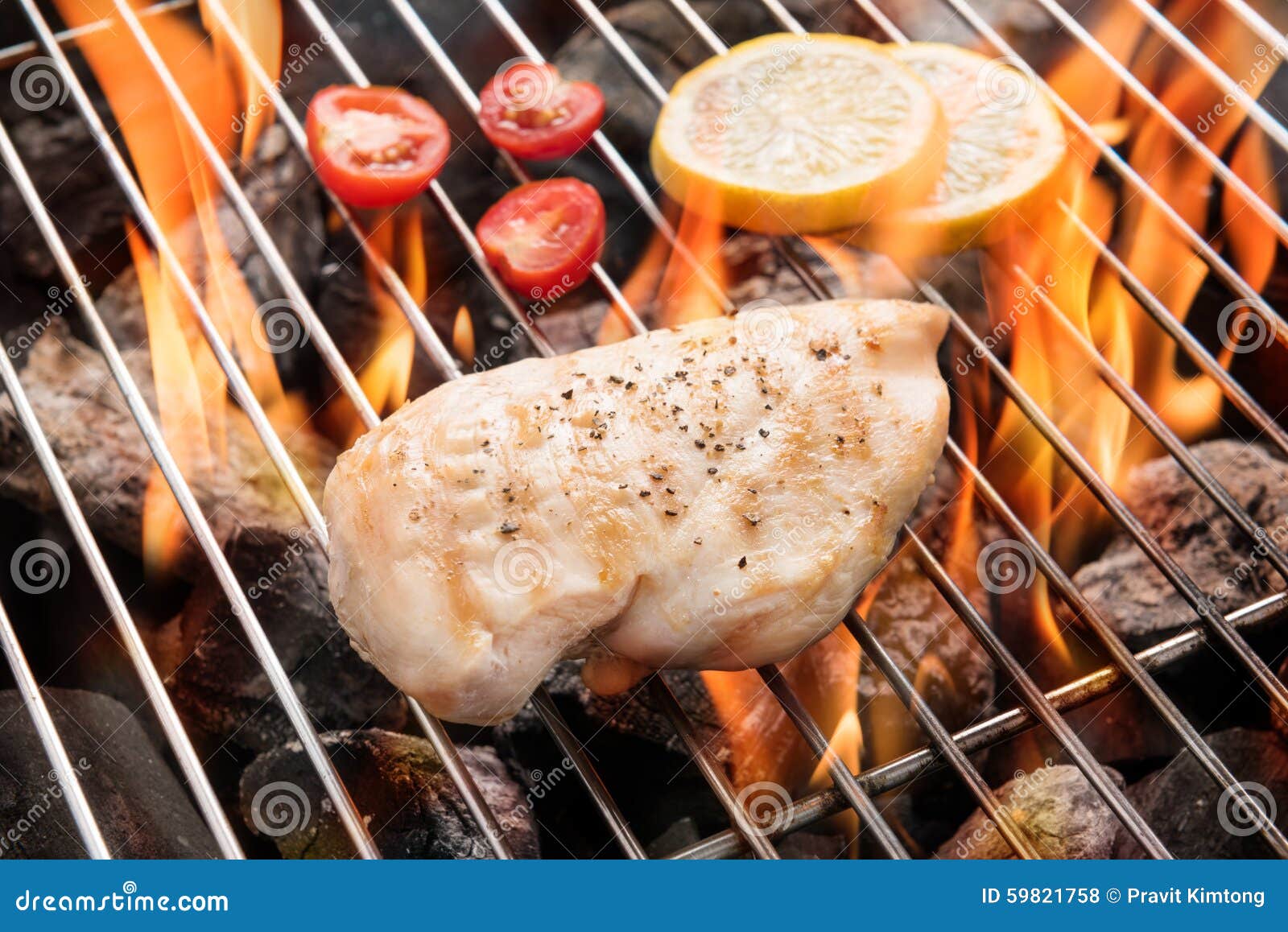 Grilled Chicken Breast on the Flaming Grill Stock Photo Image of food
