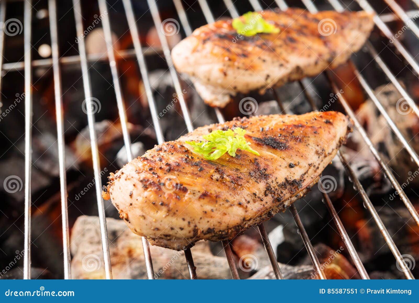 Grilled Chicken Breast on the Flaming Grill Stock Image Image of