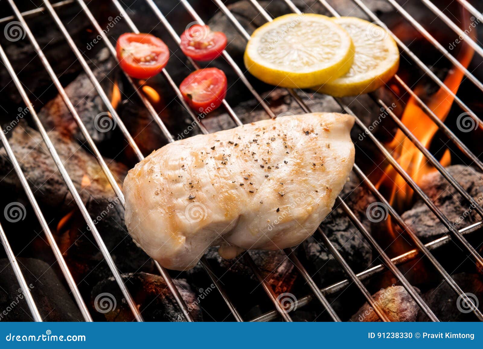 Grilled Chicken Breast on the Flaming Grill Stock Photo Image of meat, barbeque 91238330