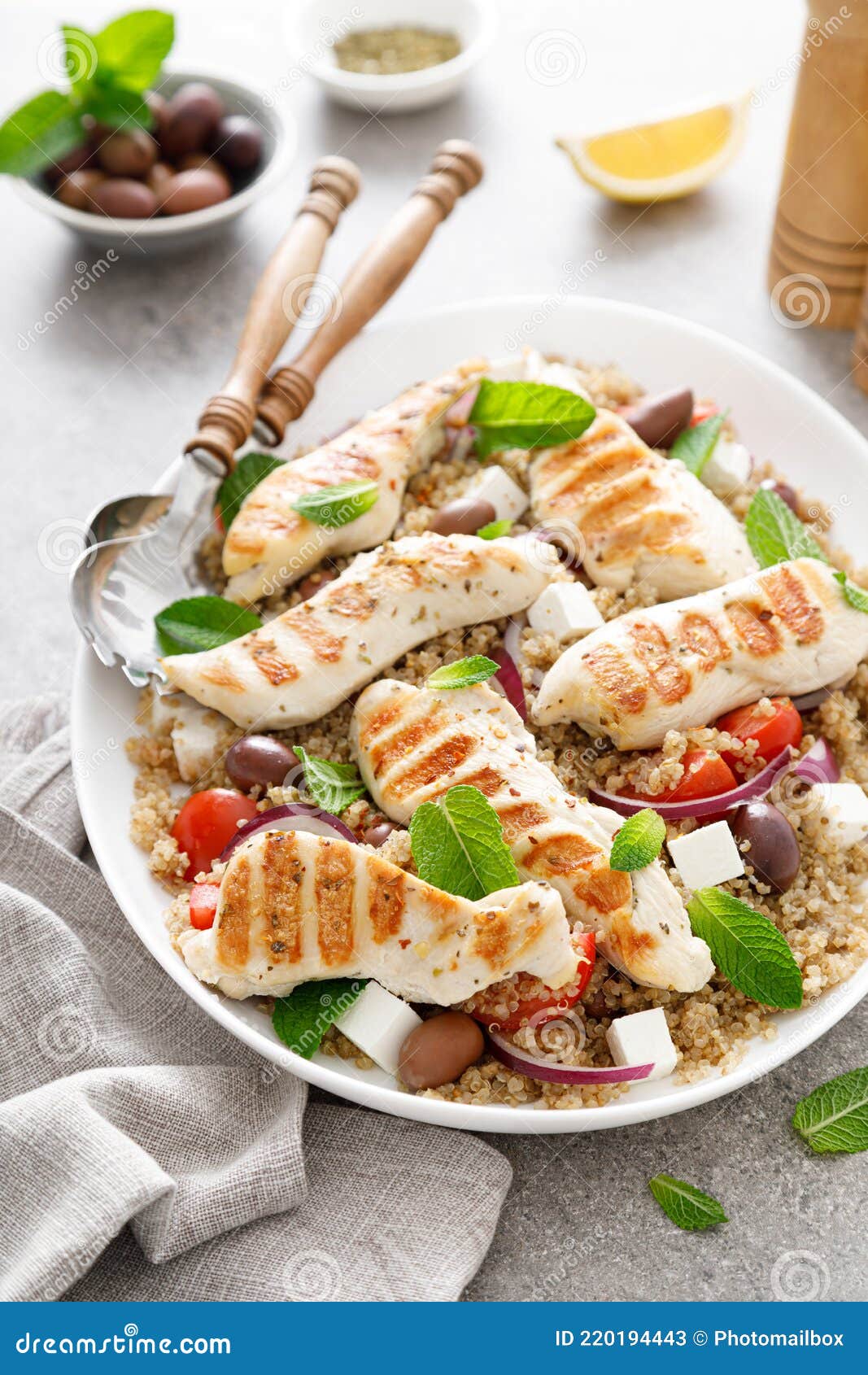 Grilled Chicken Breast and Greek Salad with Quinoa Stock Image Image