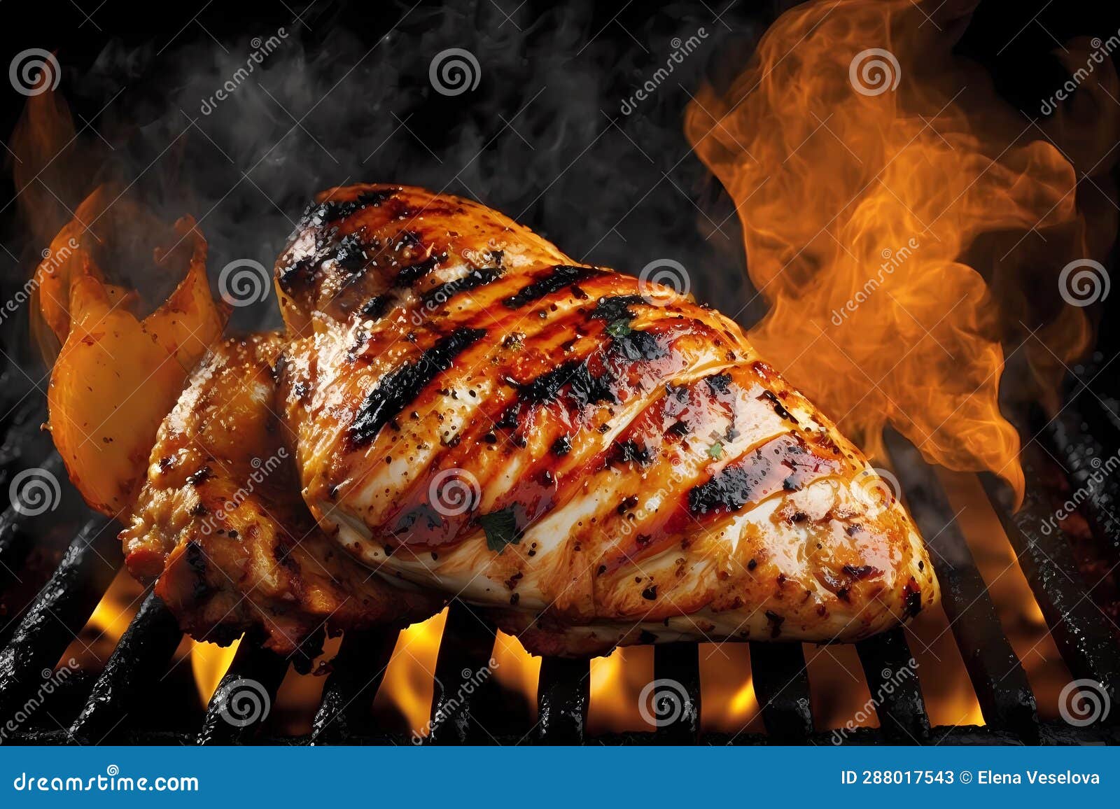 Grilled Chicken Breast on a Grill Grate with Flames Under it