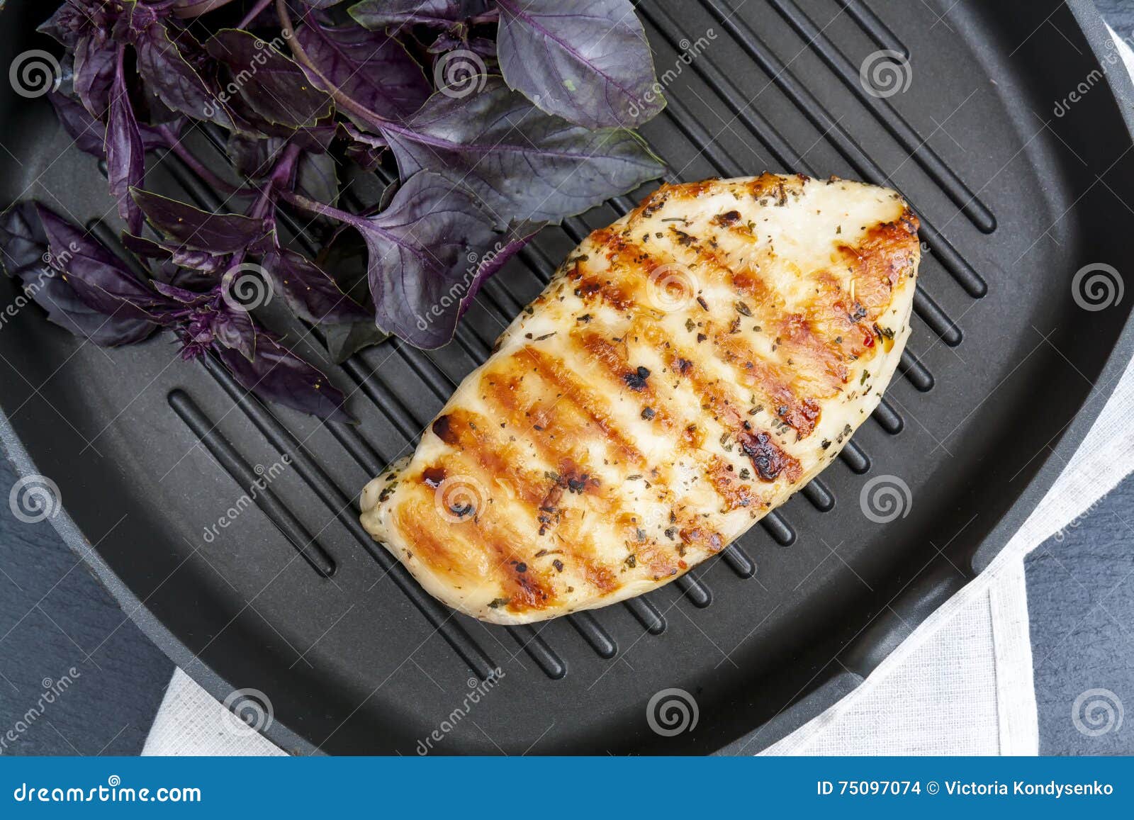 Grilled Chicken Breast with Violet Basil on Teflon Pan Grill Stock Photo - of grilled: 75097074