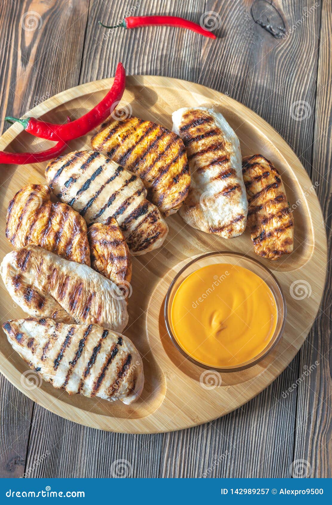 Grilled Chicken Breast on the Wooden Tray Stock Image - Image of group ...