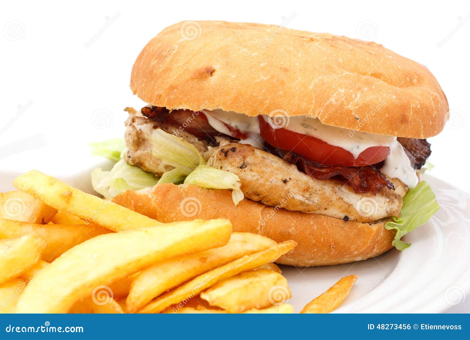 Grilled Chicken Burger with Chips Stock Photo Image of sauce