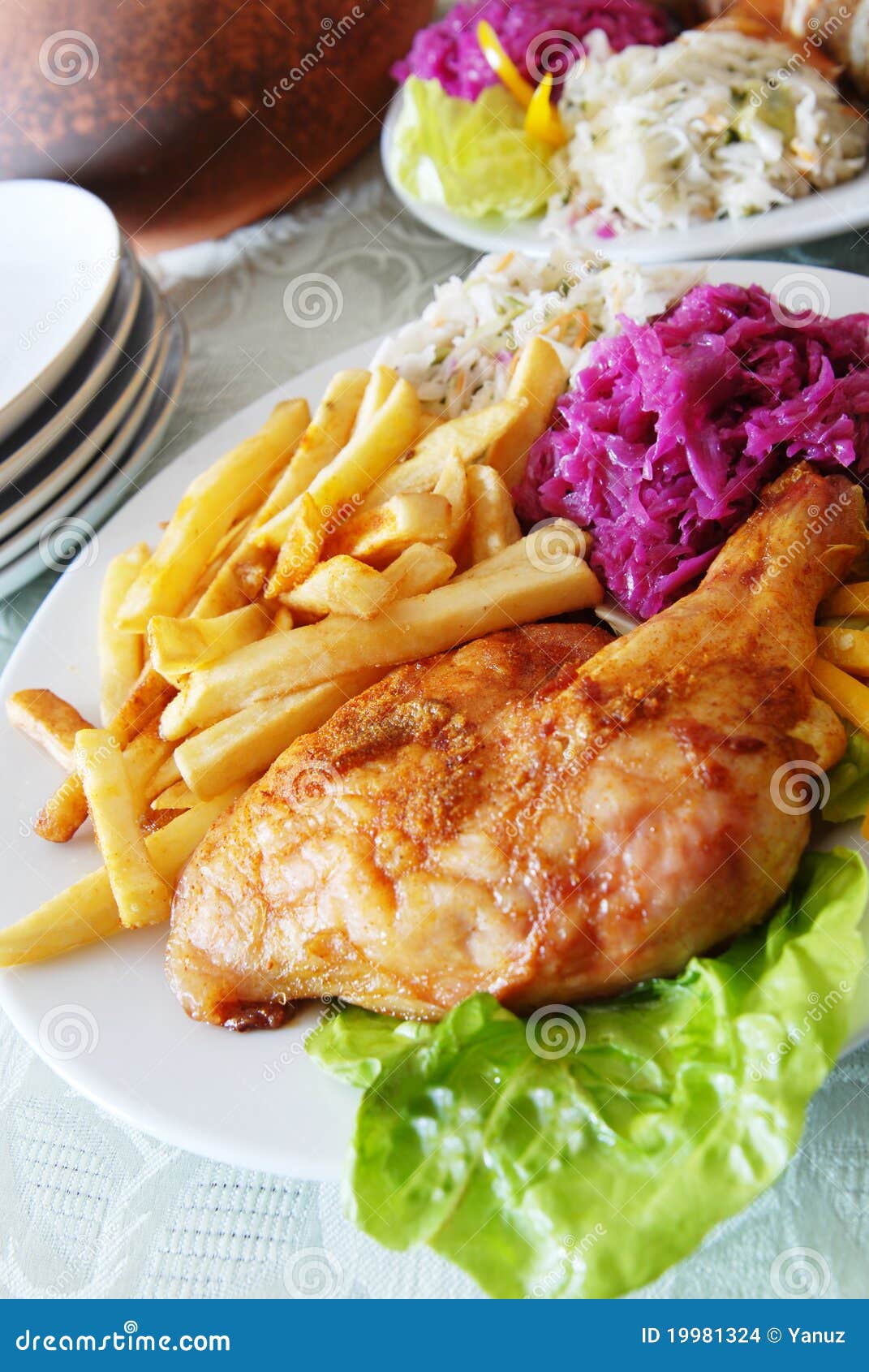 Grilled chicken and chips stock photo. Image of meal 19981324
