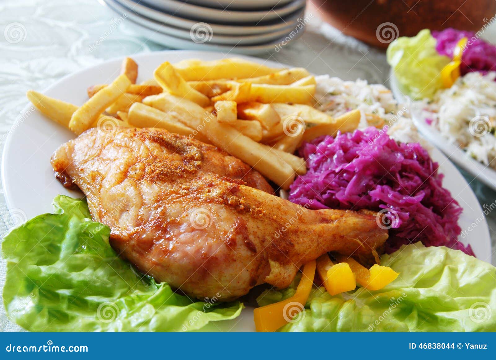 Grilled chicken and chips stock photo. Image of ready 46838044