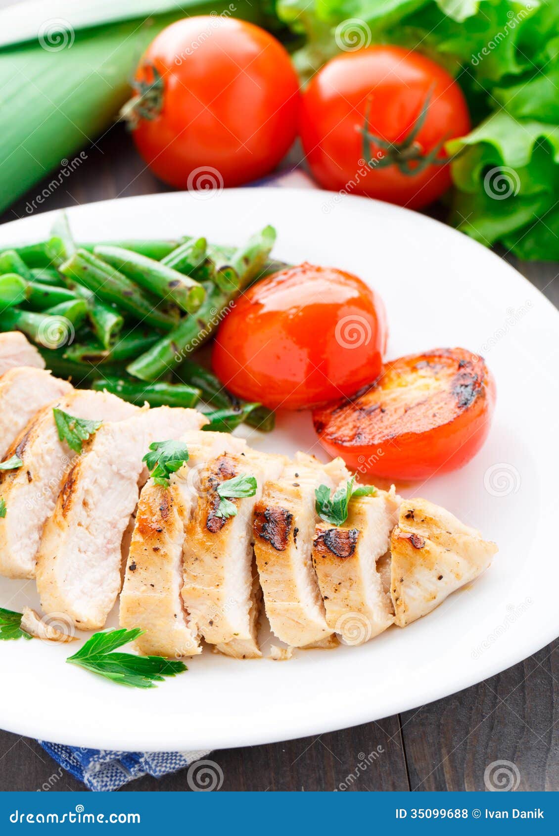 Grilled Chicken with Green Beans and Tomatoes Stock Photo Image of