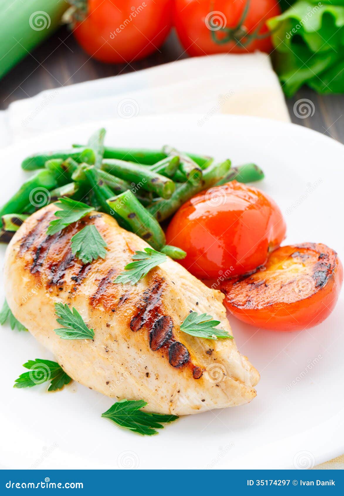 Grilled Chicken with Green Beans and Tomatoes Stock Image Image of