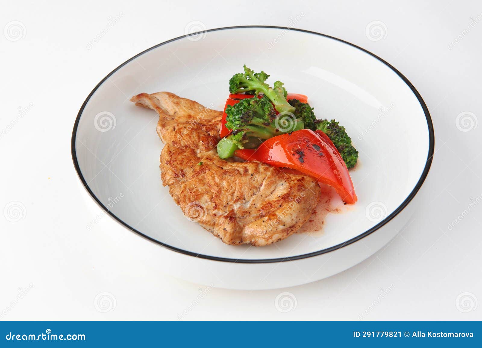 grilled chicken with grilled vegetables on white background. dietary grilled chicken meat. object. copy space.