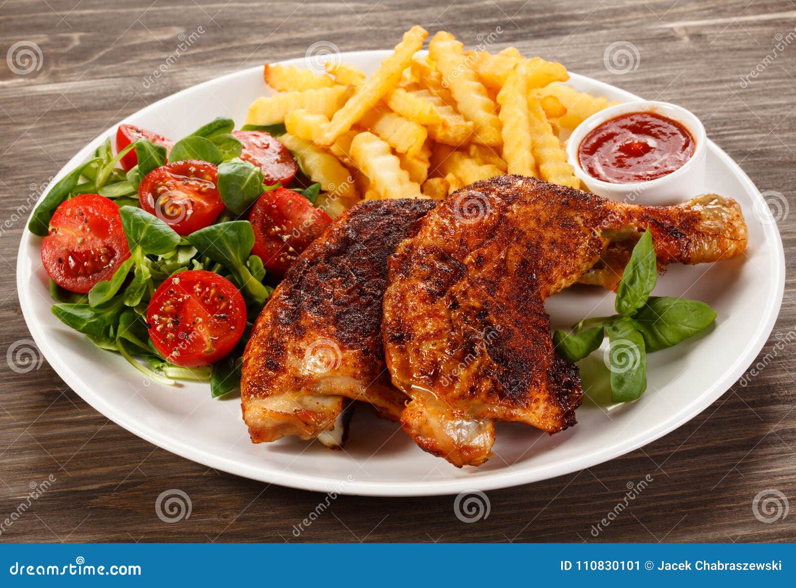 Grilled Chicken Leg With Chips And Vegetables Stock Image - Image of ...