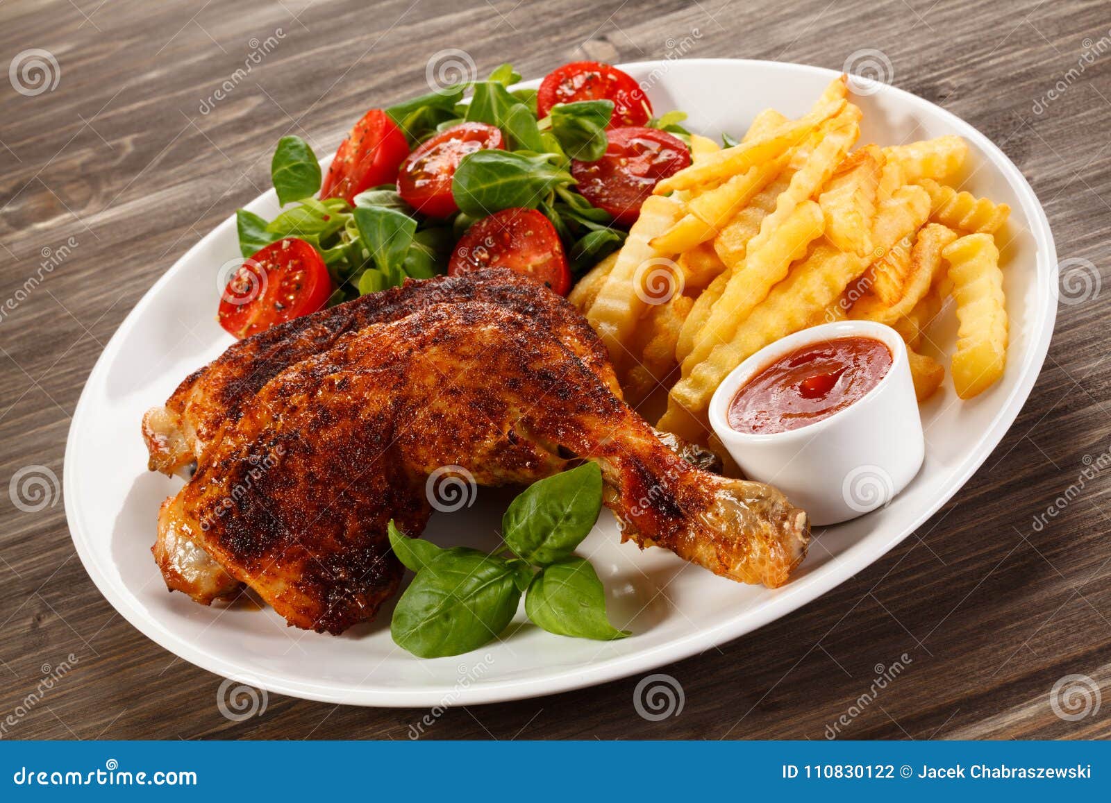 Grilled Chicken Leg with Chips and Vegetables Stock Photo - Image of ...