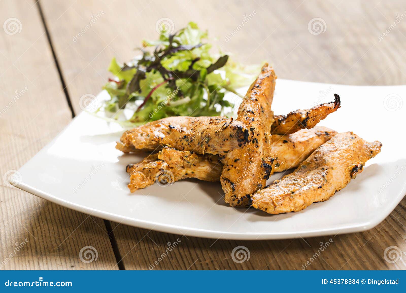 Grilled Chicken Strips with Spices and Side Salad Stock Photo Image