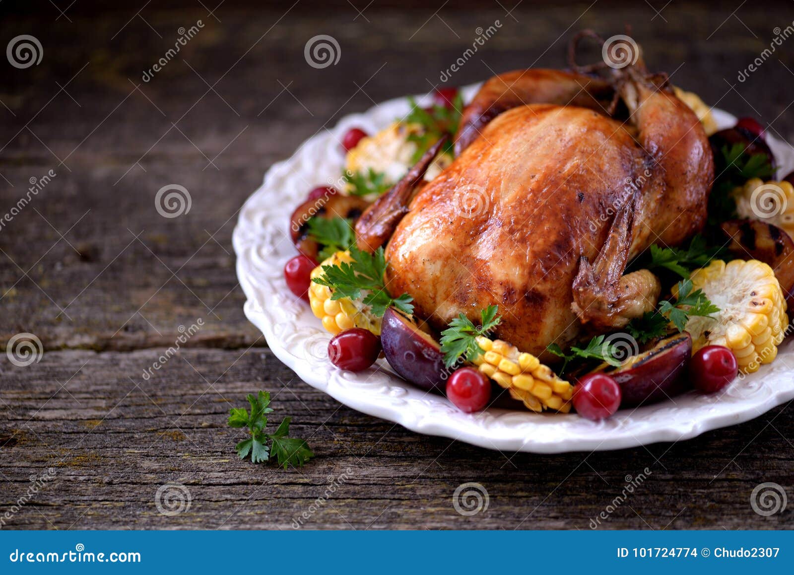 Grilled Chicken on Thanksgiving Day with Corn, Plum, Dogwood and ...