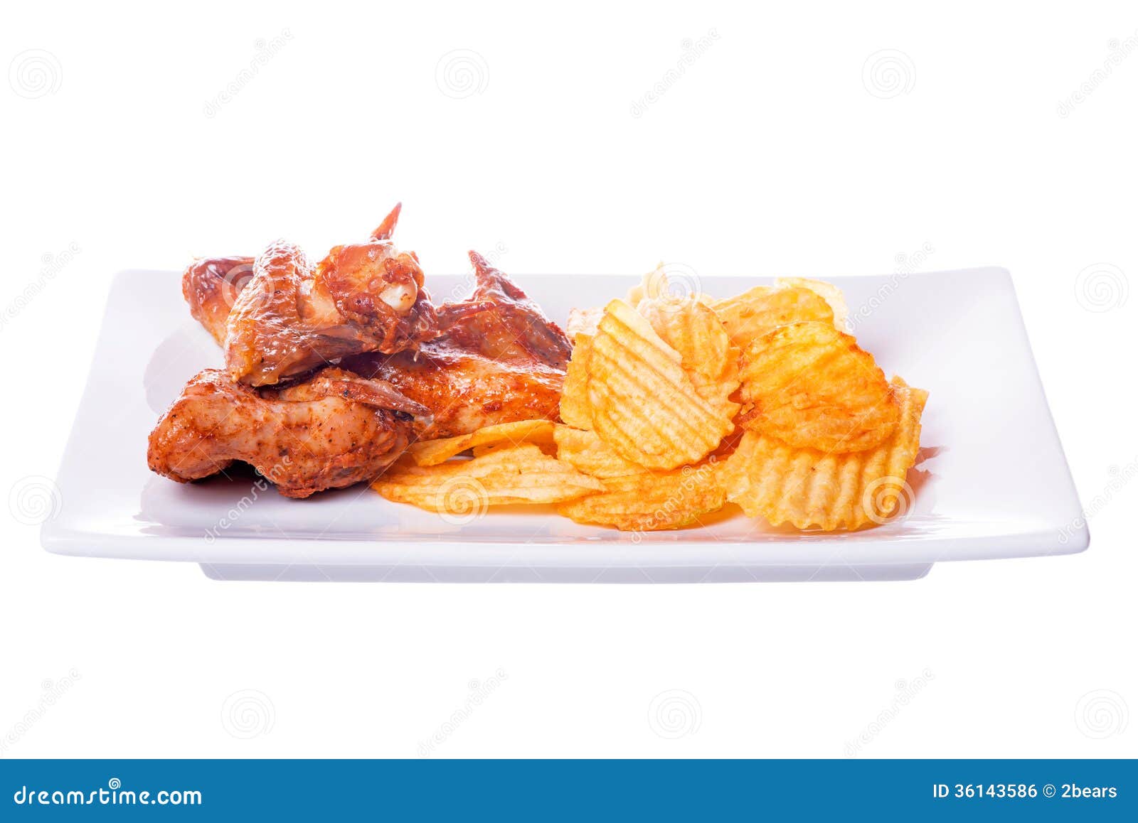 Grilled Chicken Wings with Potato Chips Isolated on White Stock Photo