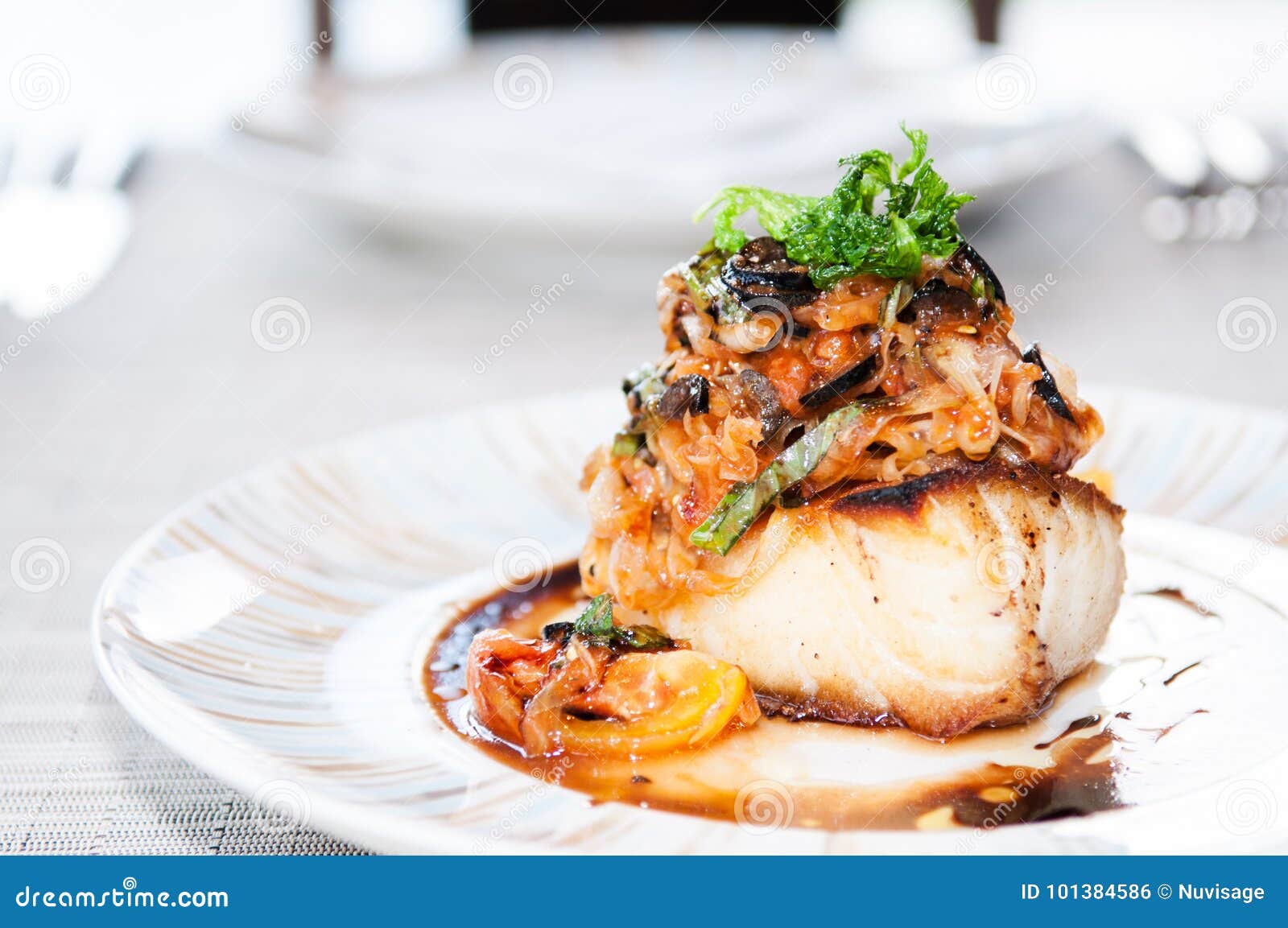 Grilled Cod Fish with Vegetable and Balsamic Sauce Stock Photo Image