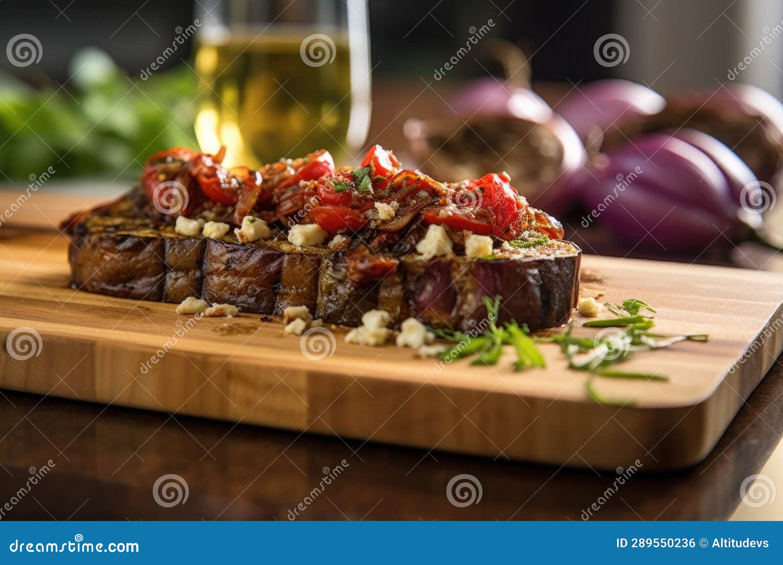 Grilled Eggplant on Cedar Plank with Garnish Stock Photo Image of