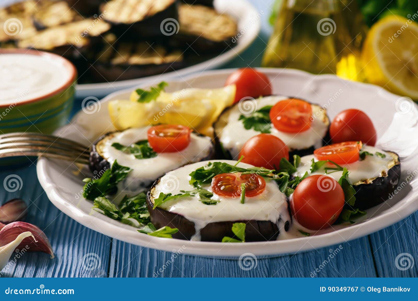 Grilled Eggplants with Yogurt Dip and Tomatoes Stock Image Image of