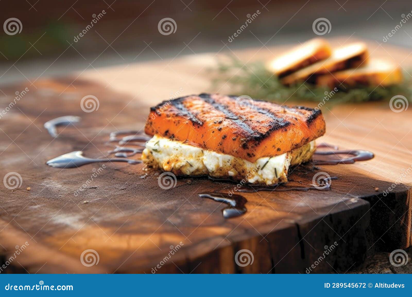 Grilled Feta Cheese on Cedar Plank with Grill Marks Stock Photo Image