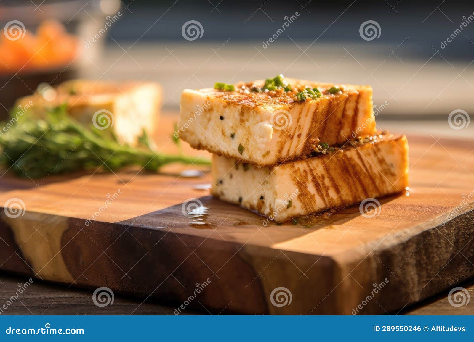 Grilled Feta Cheese on Cedar Plank with Grill Marks Stock Photo Image