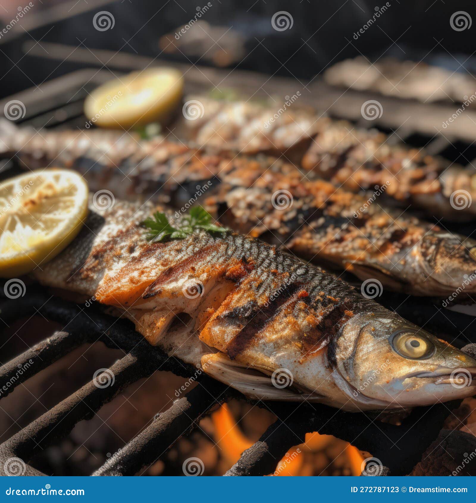 Grilled Fish Slice Cooking With Lemon And Herb Spice Top View Vector