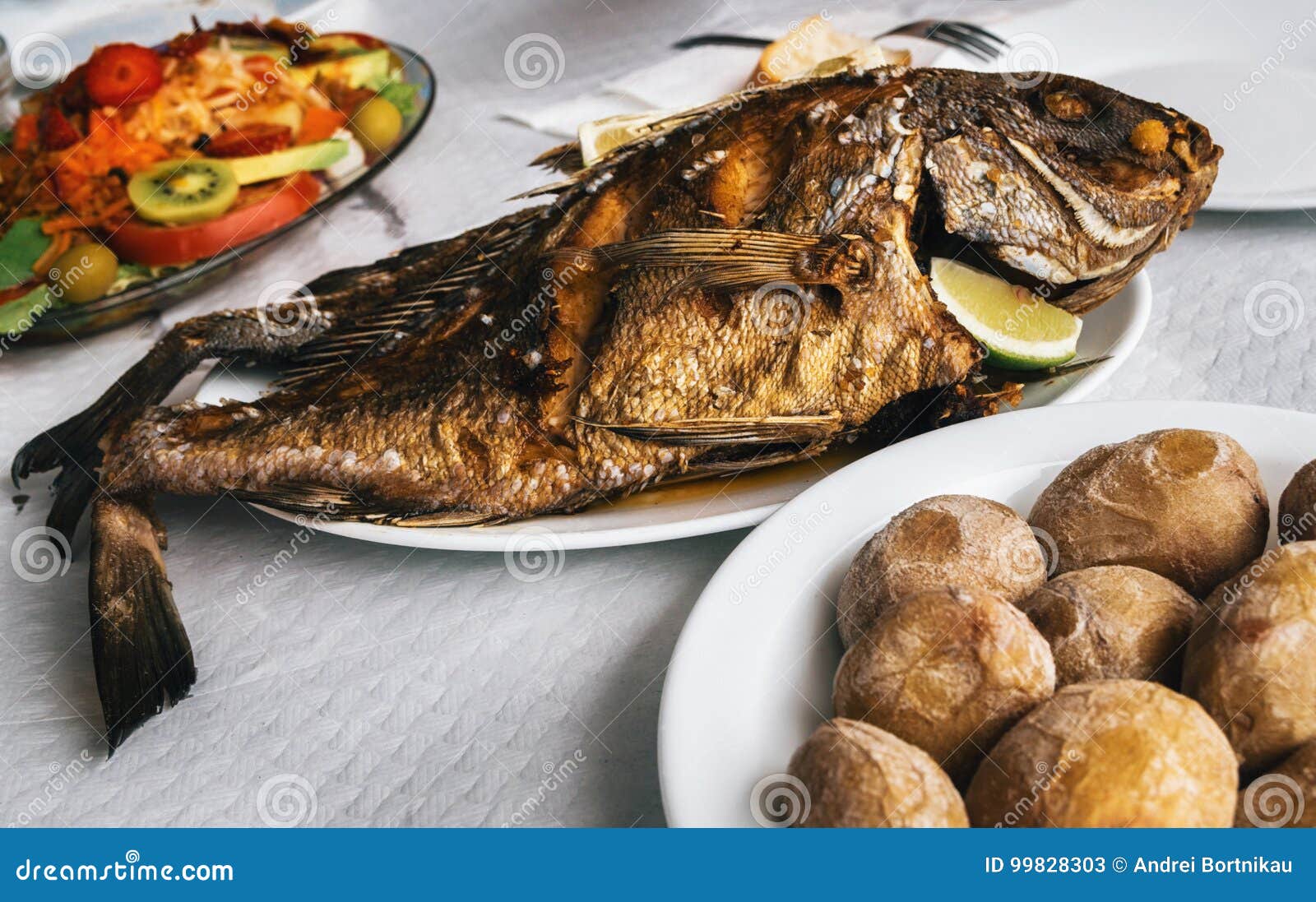 grilled fish and canarian potatoes in canary islands