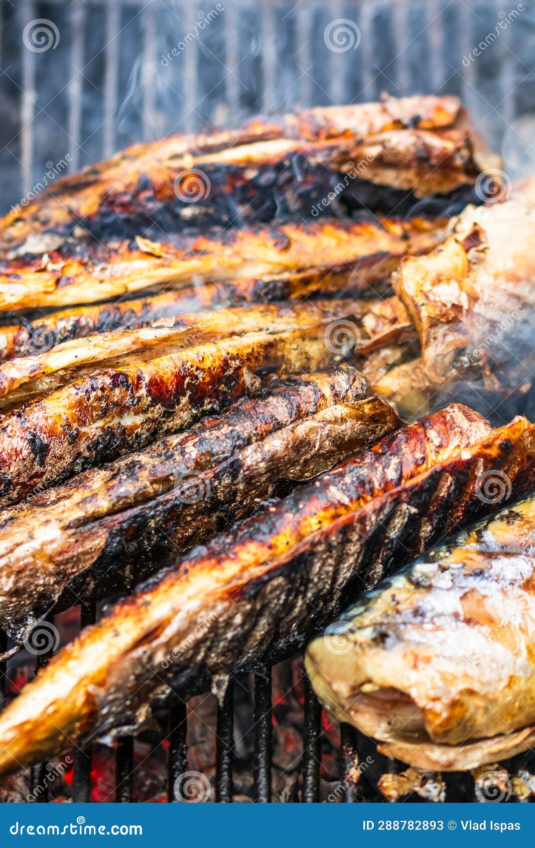 Grilled Fish on Charcoal Grill. Fresh Fish Barbecue Stock Image Image