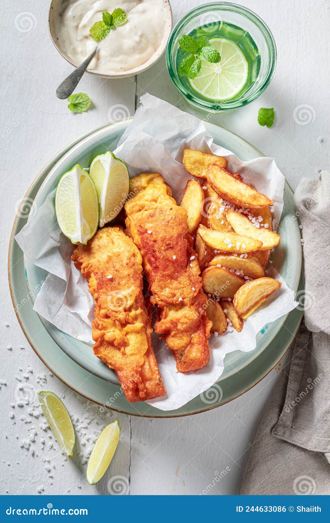 Grilled Fish and Chips with Sauces and Lime Stock Photo Image of fried, garlic 244633086