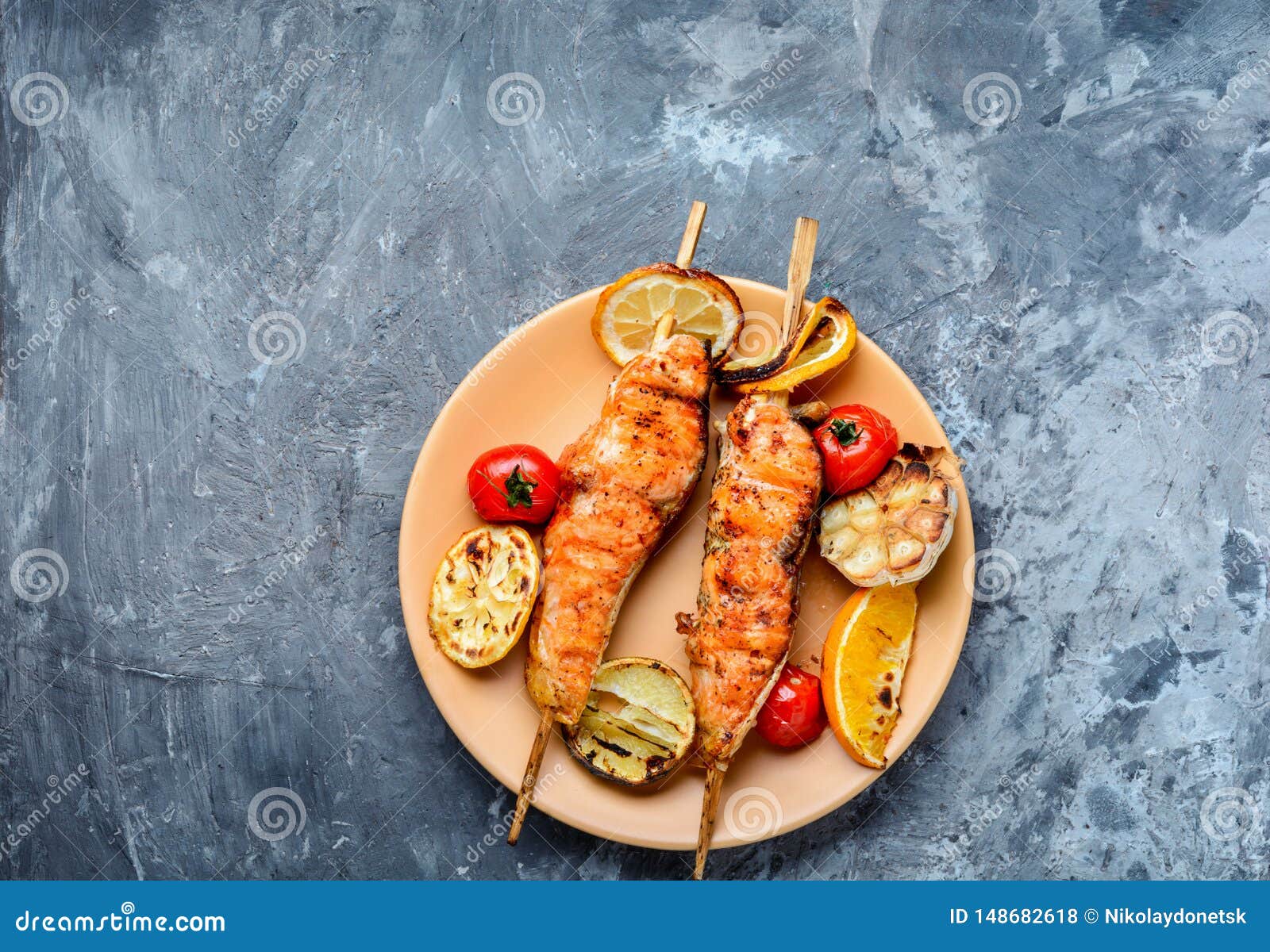 Salmon kebab on a plate stock photo. Image of diet, baked 148682618