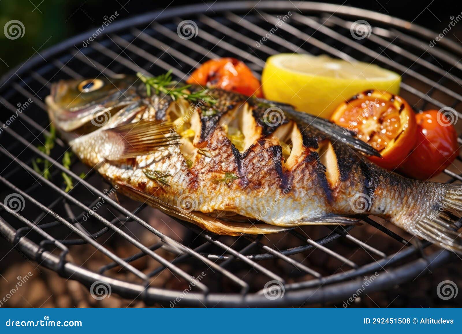 Grilled Fish in a Wire Basket, Closeup Stock Photo Image of food