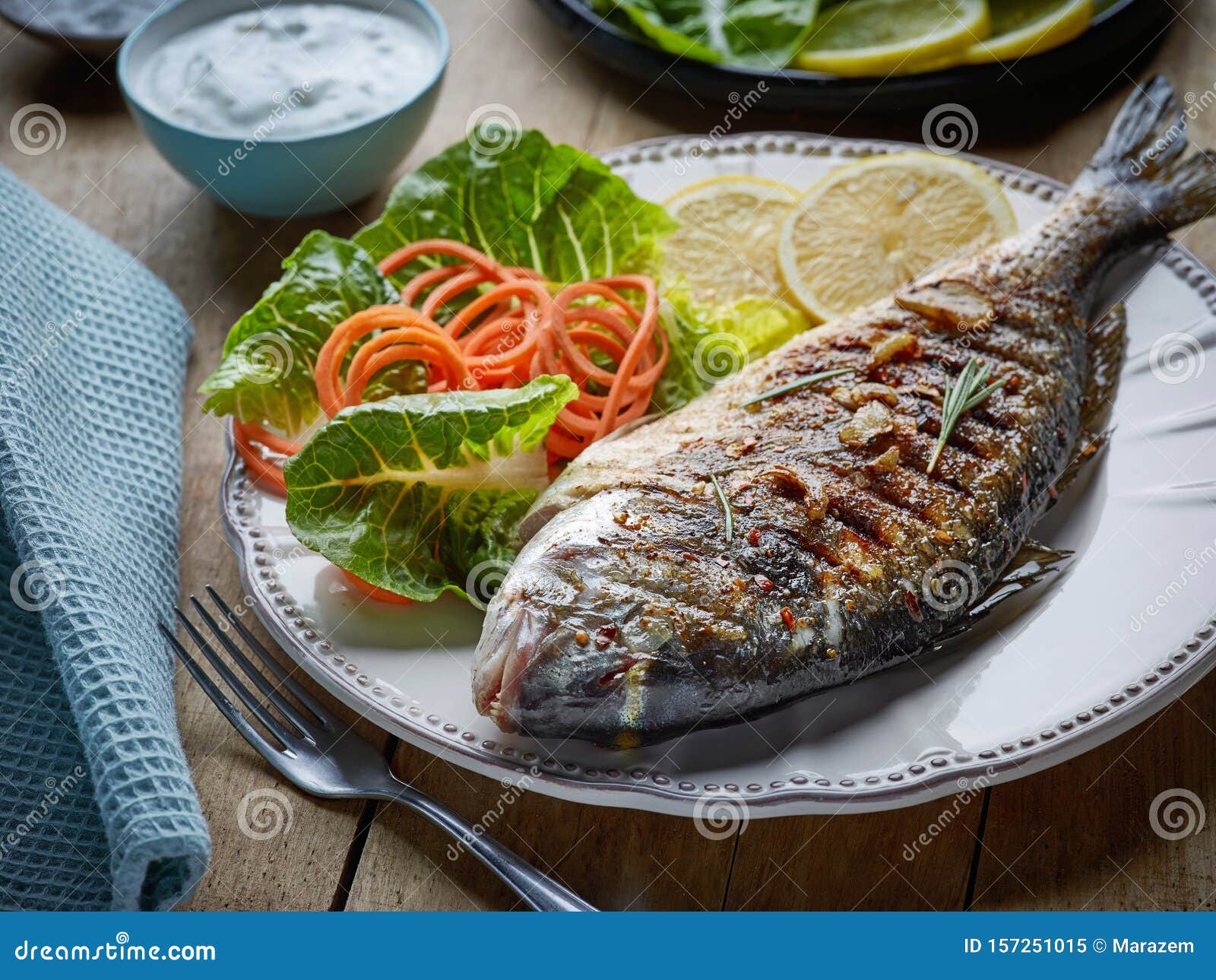 Grilled Fish on Wooden Kitchen Table Stock Image Image of lunch