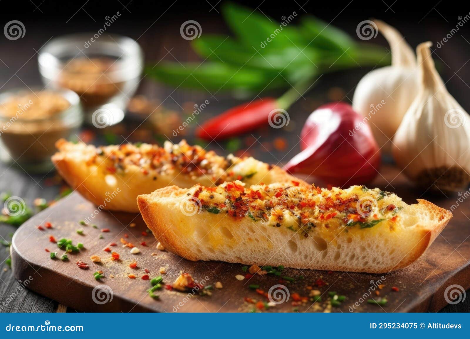 Grilled Garlic Bread with a Garlic Bulb and Chilli Flakes Nearby Stock Image Image of closeup
