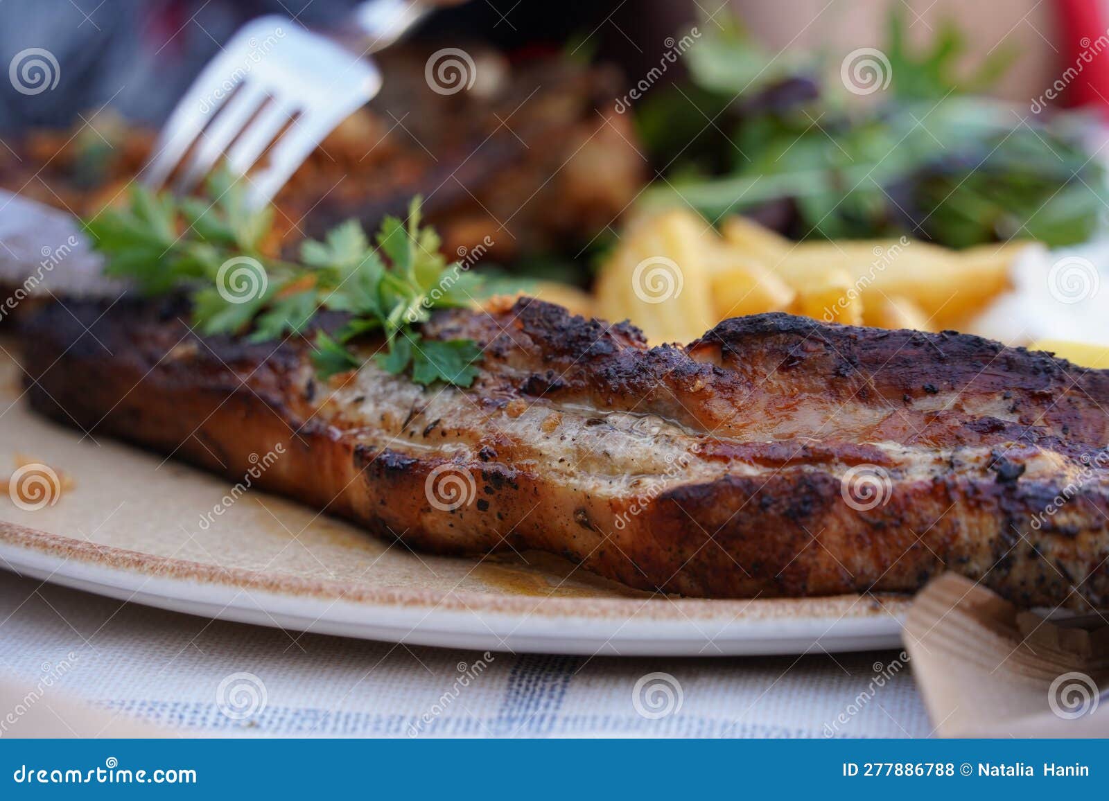 Grilled Giant Pork Chop with Chips and Salad Stock Photo Image of