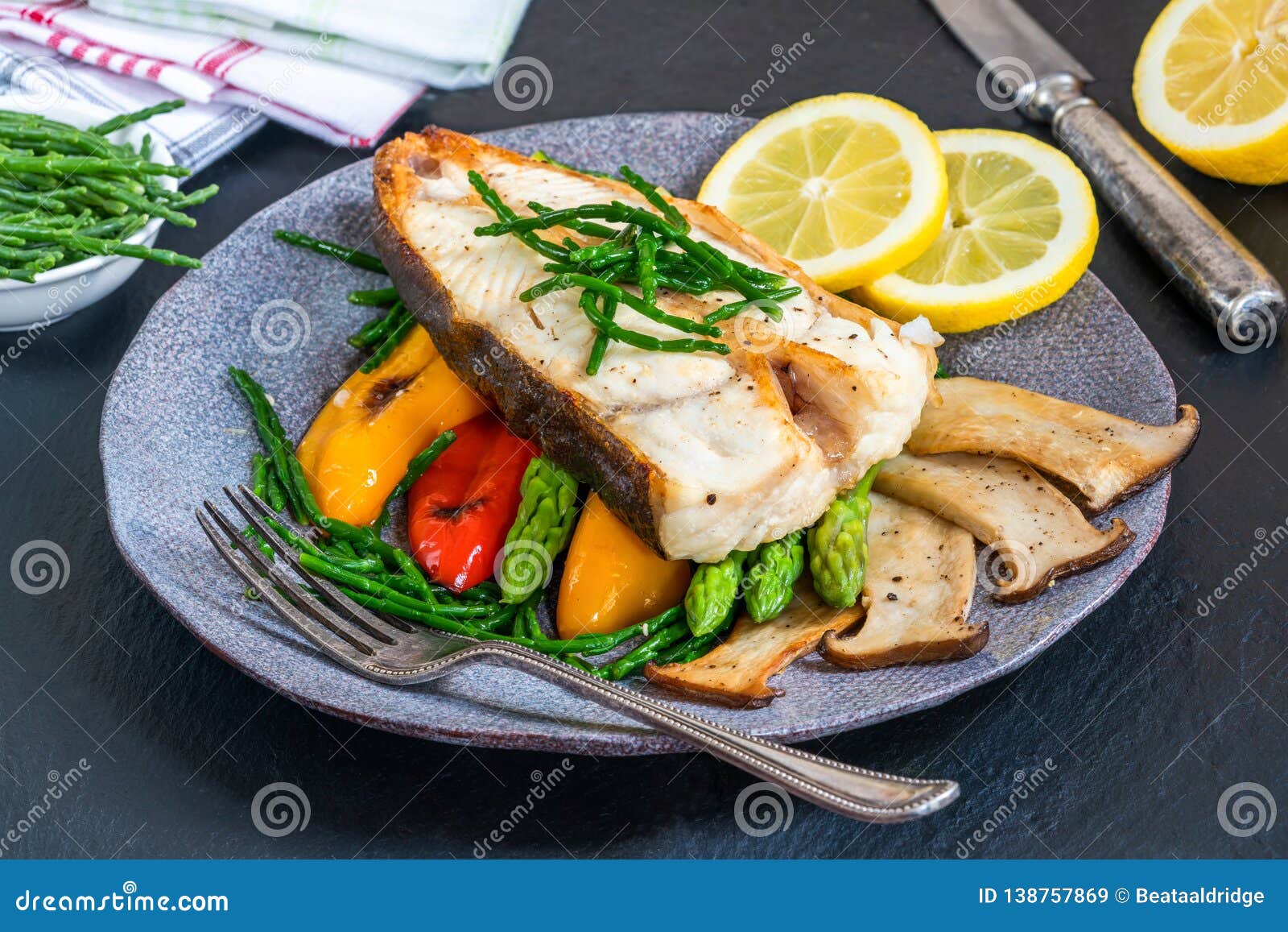 Grilled Halibut Steak with Vegetables Stock Image - Image of halibut ...