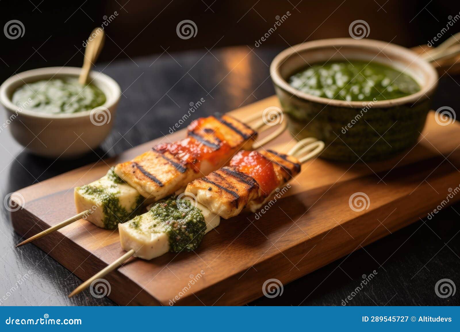 Grilled Halloumi on Cedar Plank with Dipping Sauce Stock Image Image