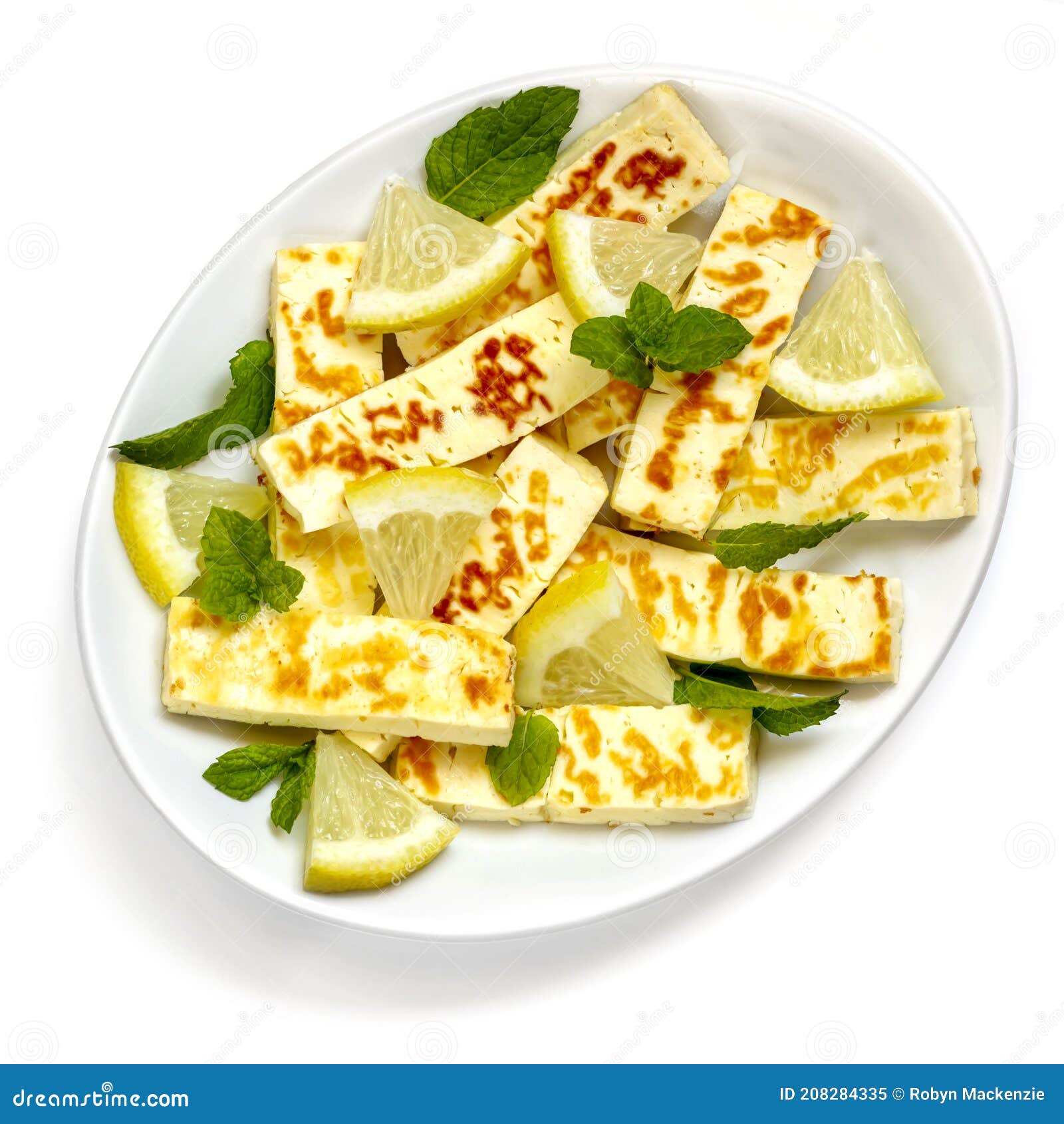 Grilled Halloumi with Lemon and Mint Top View Isolated on White Stock