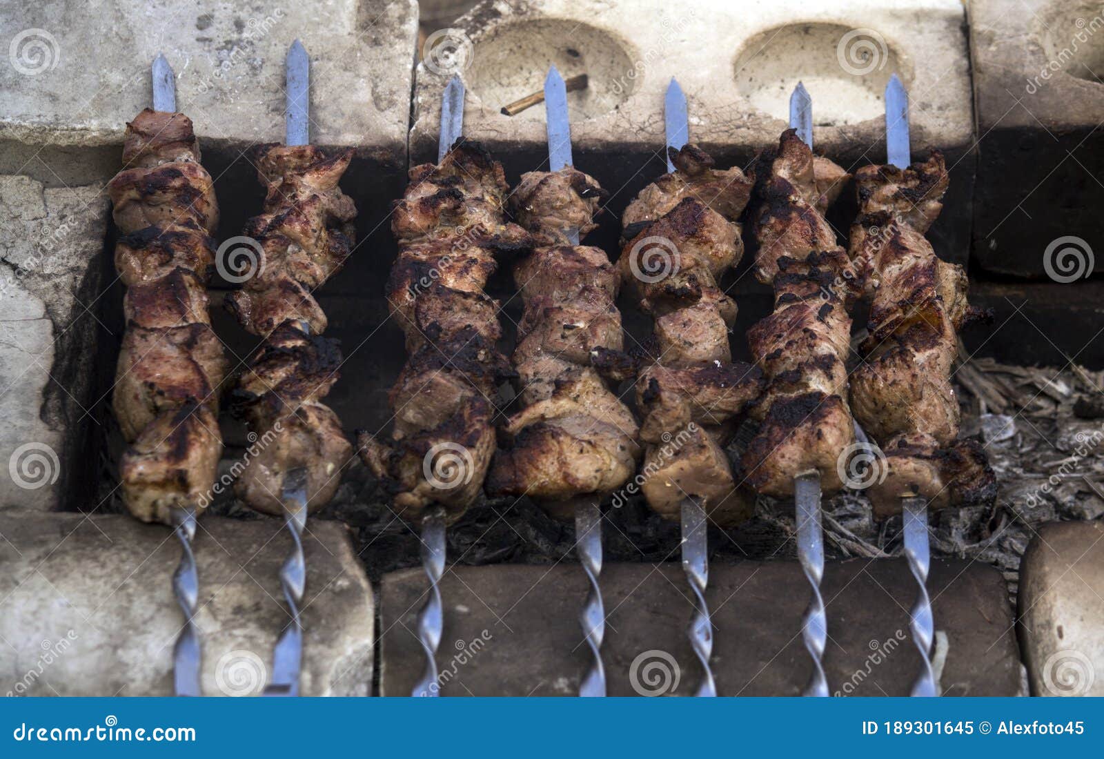 Grilled kebab on the grill stock image. Image of chips 189301645