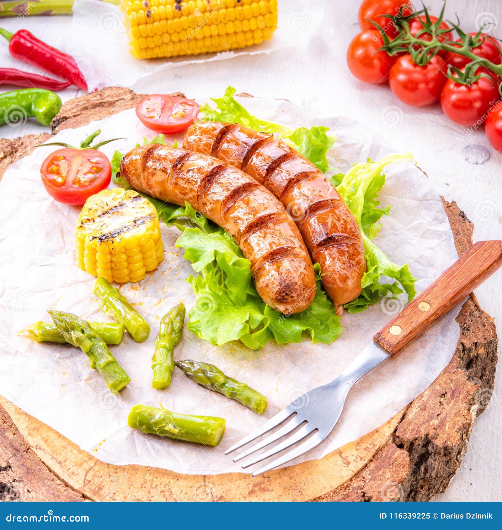 Grilled Krakauer Sausage with Boiled Corn and Green Salad Stock Image Image of gourmet