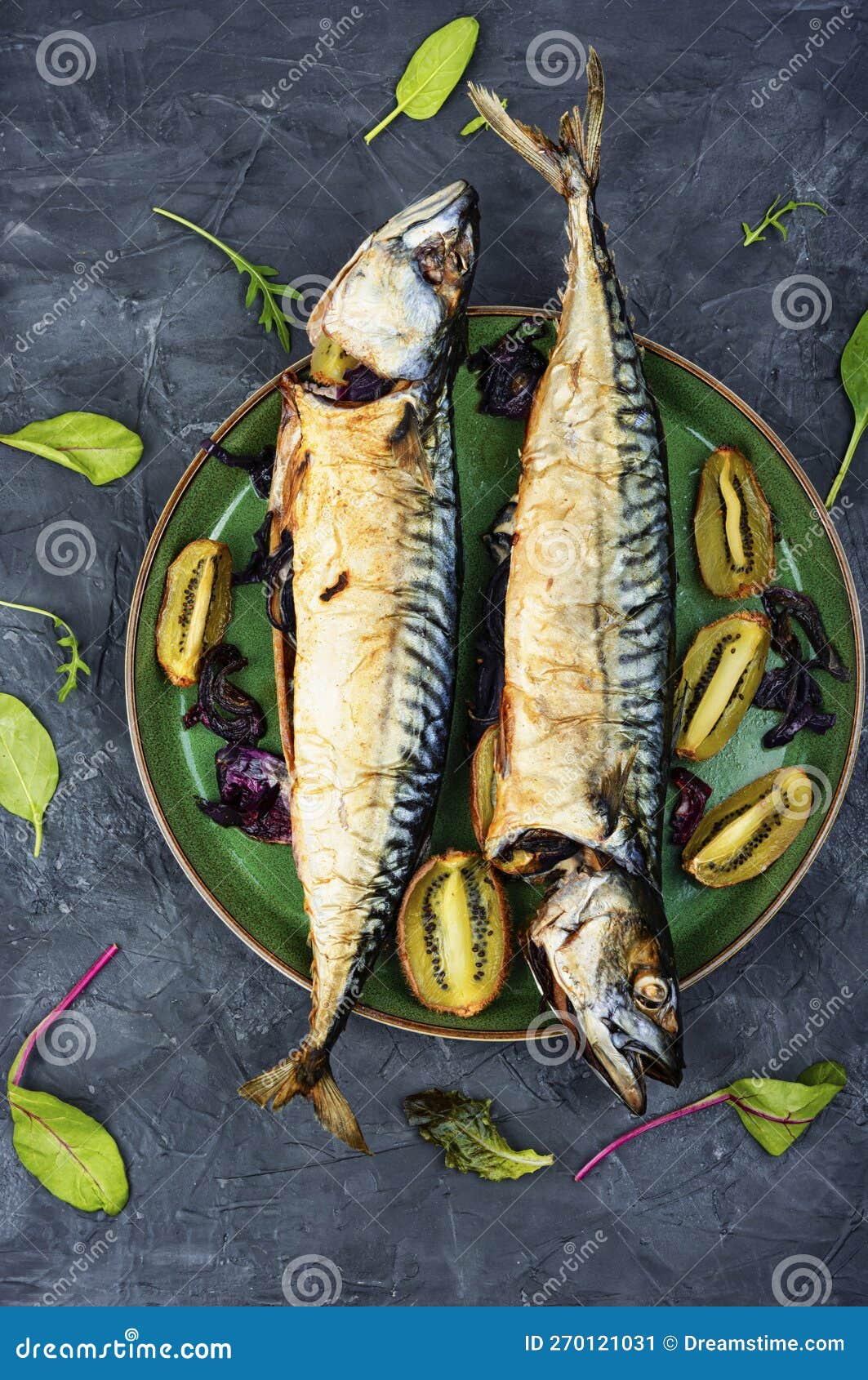 Grilled Mackerel Fish with Kiwi Stock Image Image of roast, baked