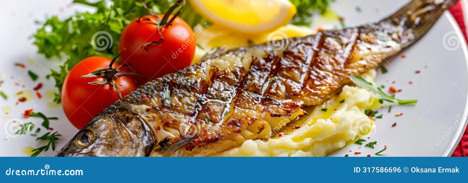 grilled mackerel with mashed potatoes and tomatoes, fried scomber fillet