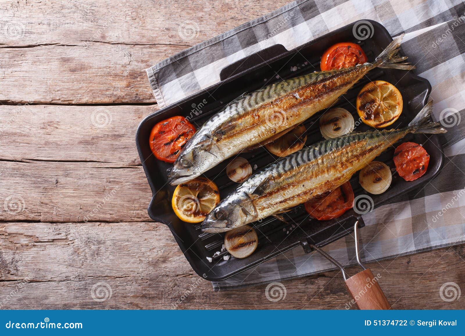 Grilled Mackerel in Pan with Vegetables. Horizontal Top View Stock