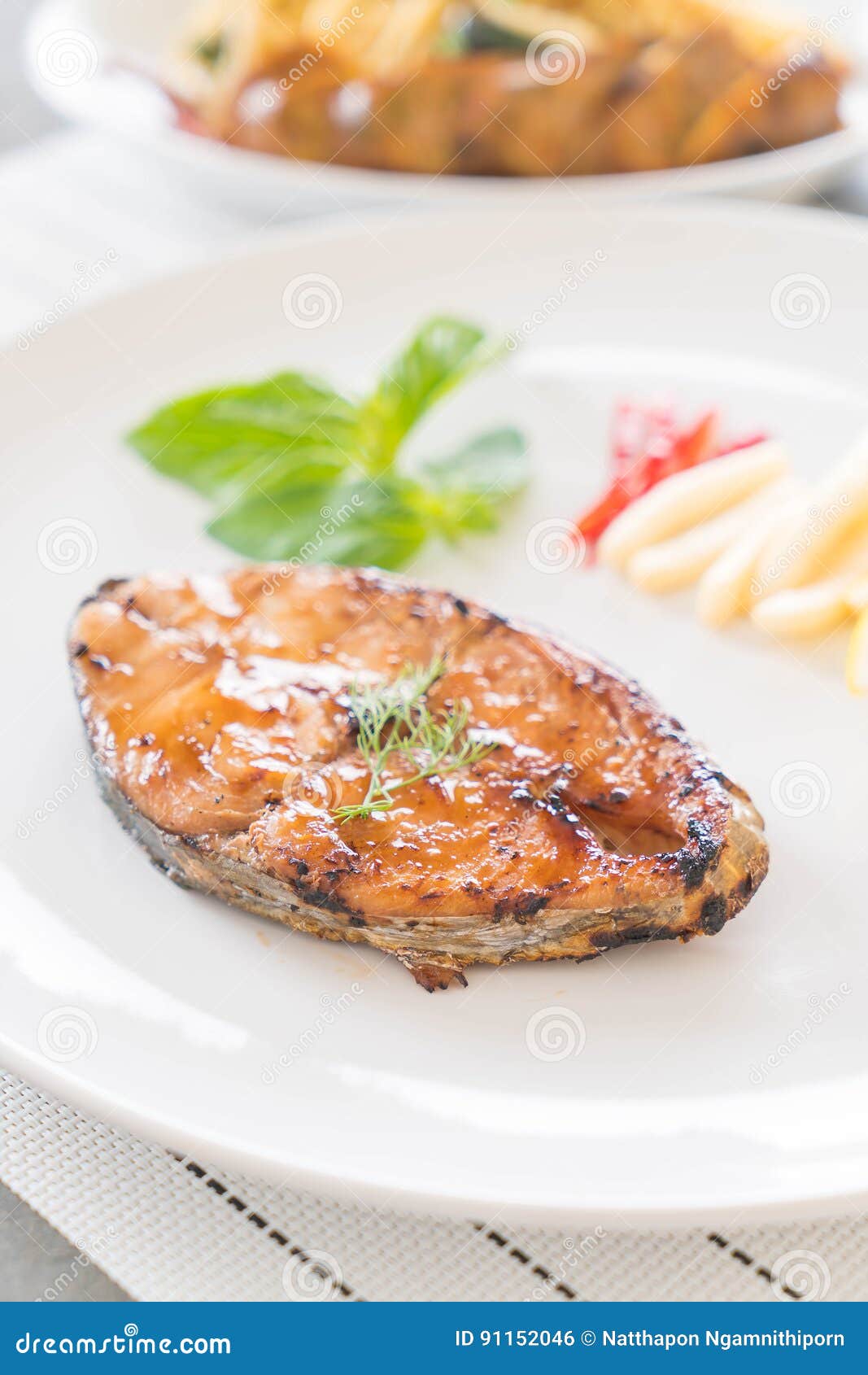 Grilled mackerel steak stock photo. Image of food, basil 91152046