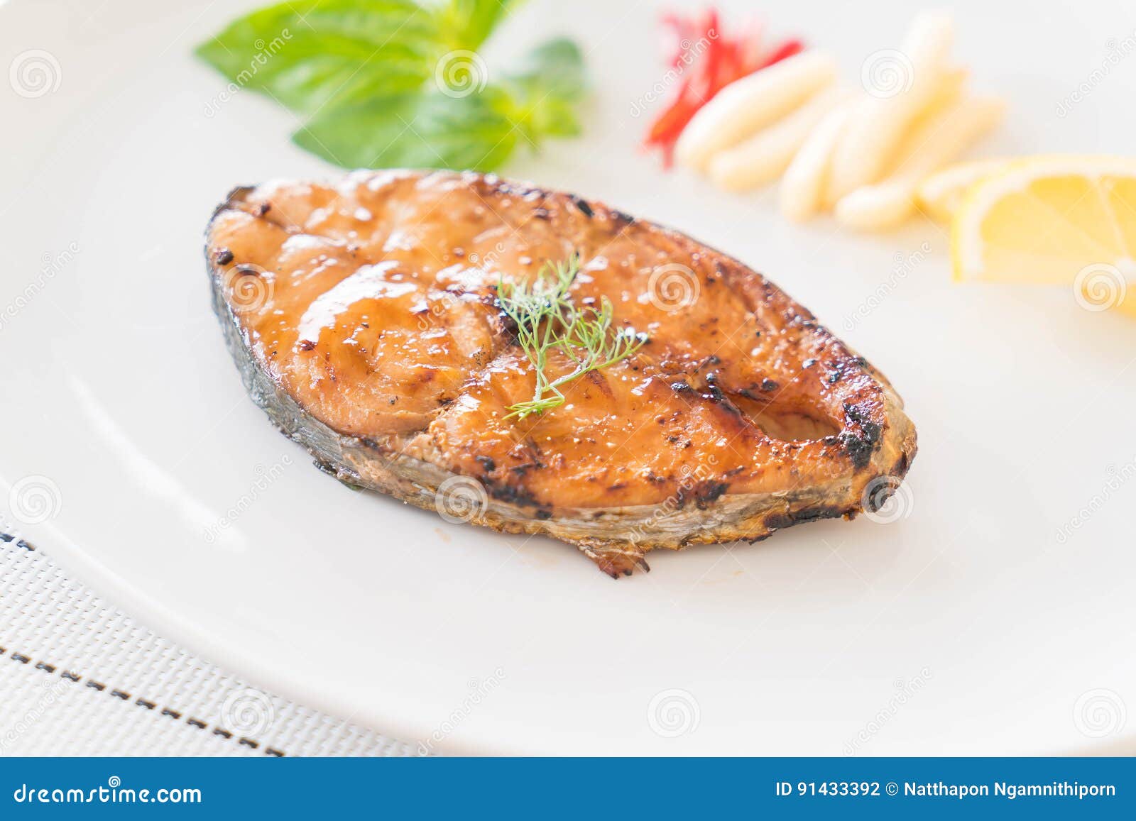 Grilled mackerel steak stock photo. Image of dinner, basil 91433392