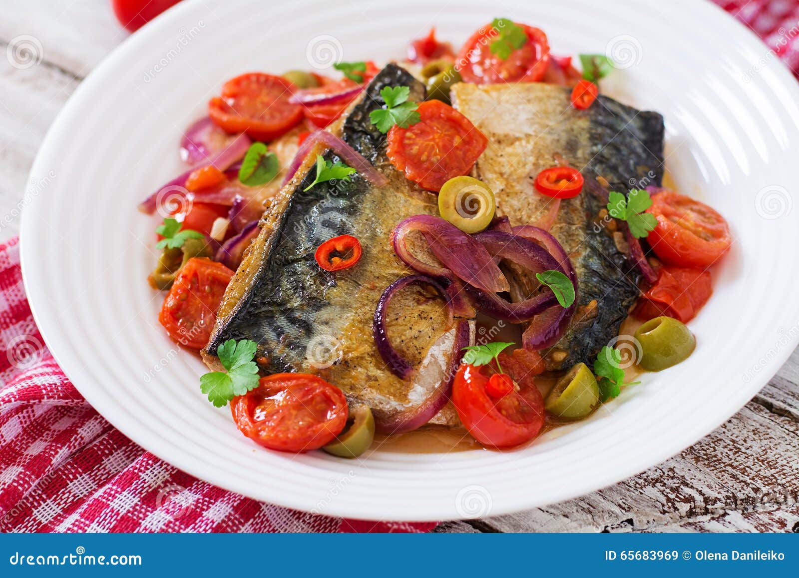 Grilled Mackerel with Vegetables in Mediterranean Style. Stock Image