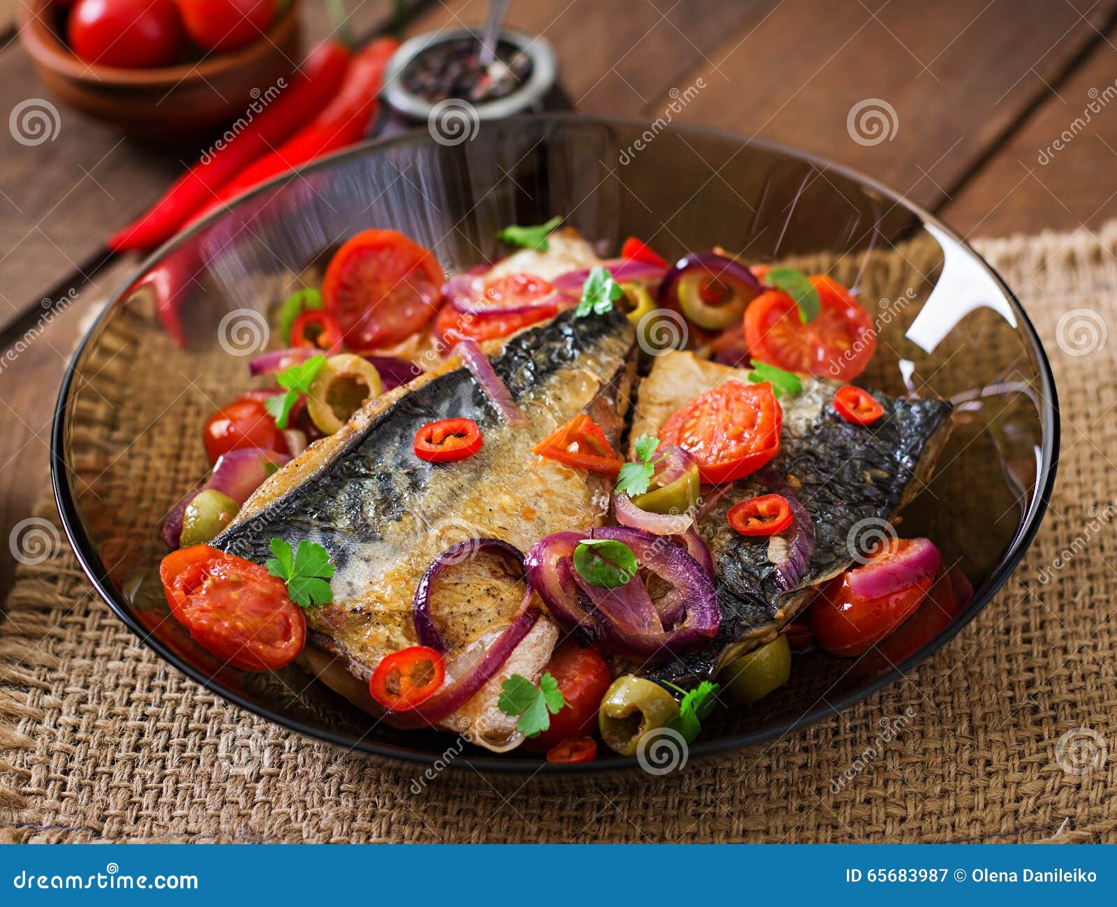 Grilled Mackerel with Vegetables in Mediterranean Style. Stock Image